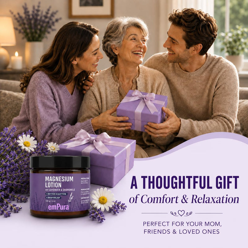 EMPURA Lavender Magnesium Lotion, Relaxing Gifts for Women, 4 Oz | Lavender & Chamomile, Fast-absorbing, Non-greasy, Evening Relaxation, Muscle Relief, Self Care Gifts for Women 4 Ounce (Pack of 1)