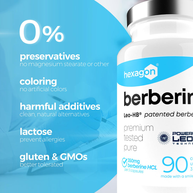 Berberine HCL with Patented Leo-HB® Technology - Up to 3-Month Supply - 4X Enhanced Absorption - Berberis Aristata Extract - 90 Vegan Capsules - Made in France - Hexagon