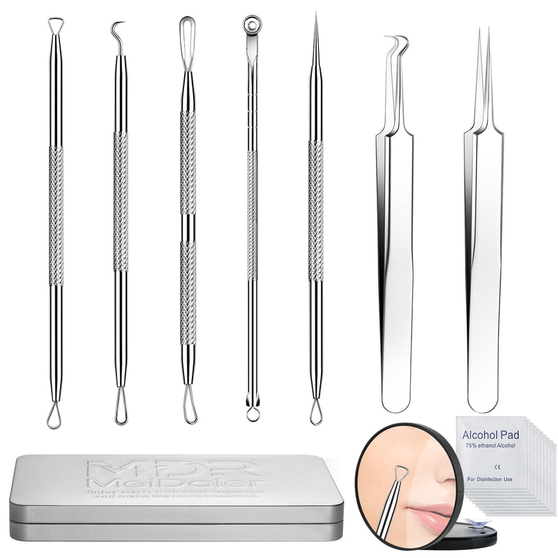 Stainless Steel Blackhead and Acne Removal and Extraction Tool Set, Quickly and Safely Remove Acne, blackheads, pimples, Blemishes, Whiteheads, Comes with Alcohol Tablets and Magnifying Glasses Silver 1 Count (Pack of 7)