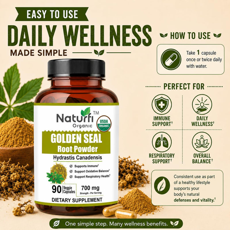 Naturfi Organic Goldenseal Root Capsules, 90 Capsules, USDA Organic, Lab Tested, Pure Natural Goldenseal Root Powder Supplement 90 Capsules (Pack of 1)