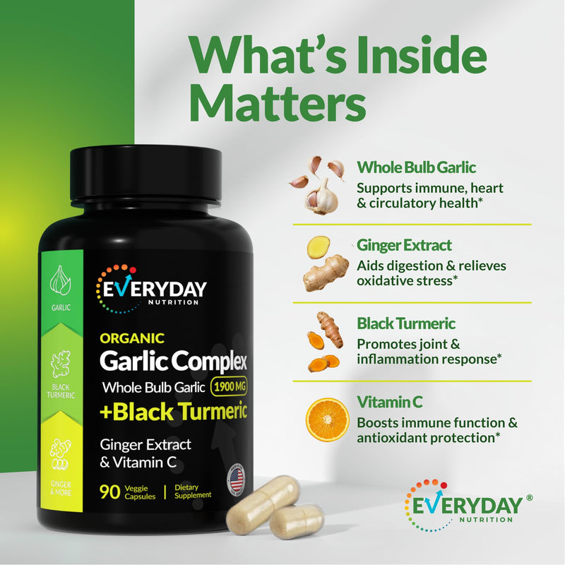[Australia] - 4-in-1 Organic Odorless Garlic with Black Turmeric Supplements, 1900 mg Organic Whole Bulb Garlic, Turmeric, Ginger Extract & Vitamin C (90 ct) 
