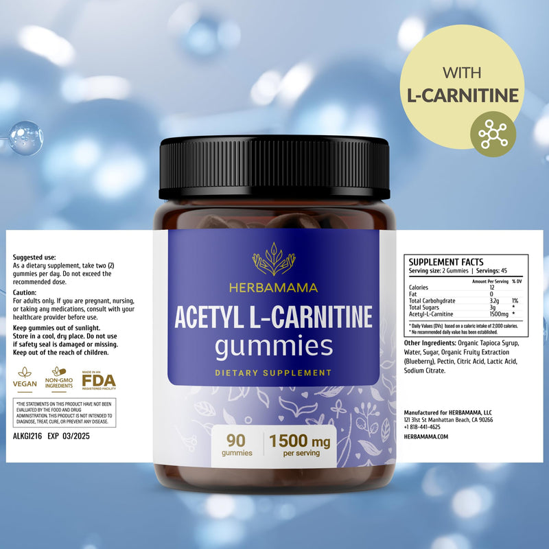 [Australia] - HERBAMAMA ALCAR Acetyl L-Carnitine 1500mg Gummies - L Carnitine Supplement for Energy, Focus & Brain Support - Vegan, Non-GMO - 90 Pectin-Based Blueberry-Flavored Chews 