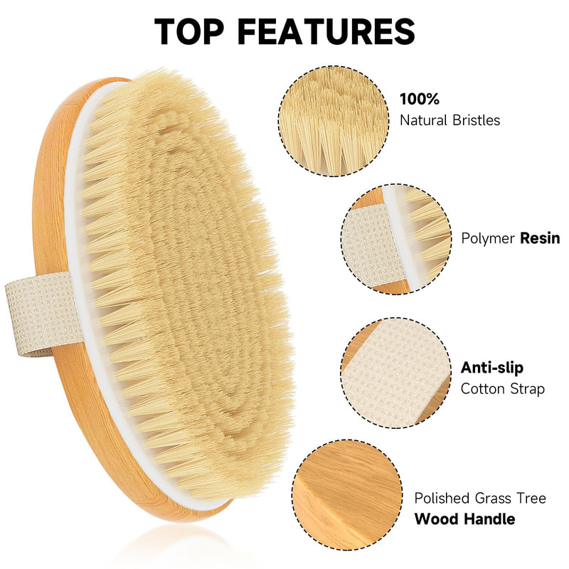 Metene Dry Brushing Body Brush, Exfoliating Body Scrubbers, Natural Bristles for Dry Skin, Improve Circulation, Stop Ingrown Hairs, Reduce Acne and Cellulite 1 Pack