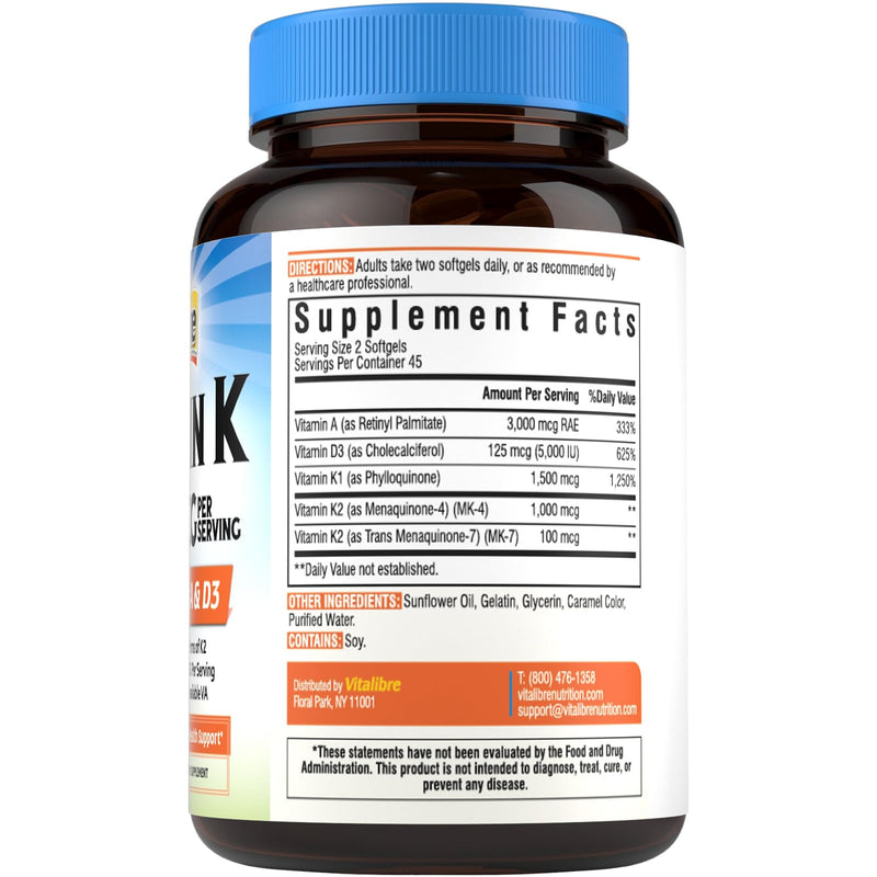 Vitalibre Vitamin K Complex 2600 mcg with Vitamin A & D3 5000 IU | Bioavailable K2 D3 Vitamin Supplement, Full Spectrum, for Bone Strength and Heart Health, 90 Softgels