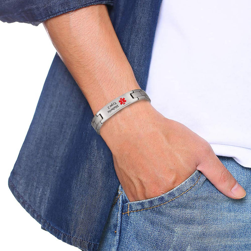 [Australia] - Titanium Medical Alert Bracelet for Men Women, Type 2 Diabetes, High Blood Pressure, Blood Thinner, Hypoallergenic, 8.46inch Wristband Type 2 Bracelets 
