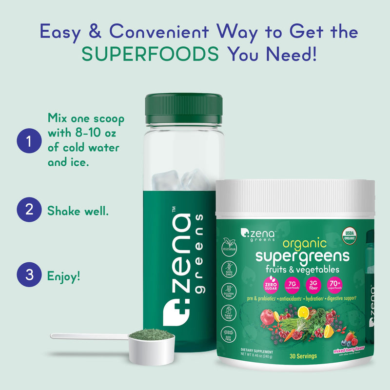 [Australia] - Zena Greens Organic Super Greens Powder | 70+ Superfood Ingredients Drink Mix | 3G Fiber | 0 Sugar | Fruits, Veggies, Herbs, Hydration, Antioxidants, Pre & Probiotics, & Digestive Blends | 30 Servings 