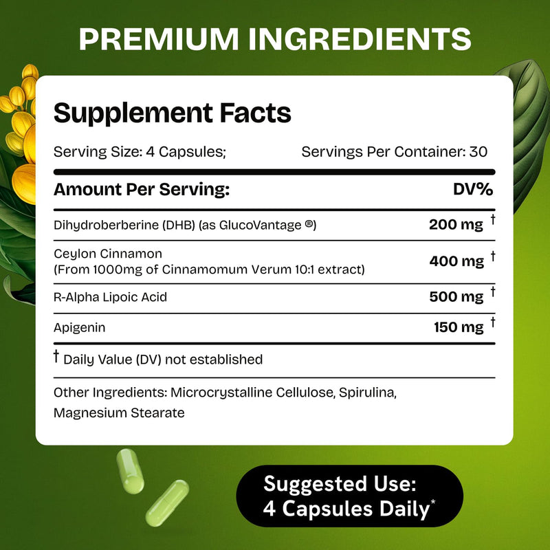 [Australia] - Dihydroberberine Supplement - Dehydro Berberine Organic - Super Berberine Supplement with Ceylon Cinnamon & R Alpha Lipoic Acid & Apigenin - Hydroberberine 120 caps (1 Pack) 1 