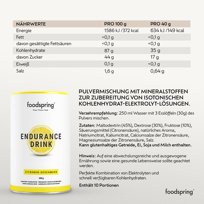 [Australia] - foodspring - Endurance Drink Lemon Electrolytes Powder Mixture 400 Can - Hydration Powder for Sports, Endurance & Energy - Isotonic Drink Powder with Minerals, Dextrose & Maltodextrin 