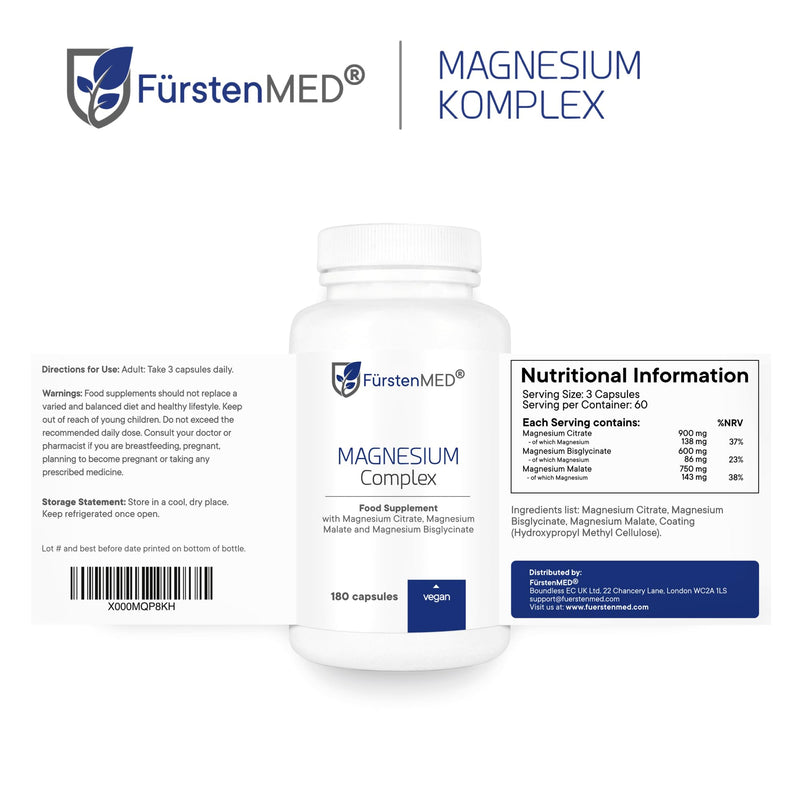 FürstenMED® 180 Magnesium Complex Capsules - Contains High Dose Magnesium Citrate, Malate & Bisglycinate - Vegan & Additive-Free