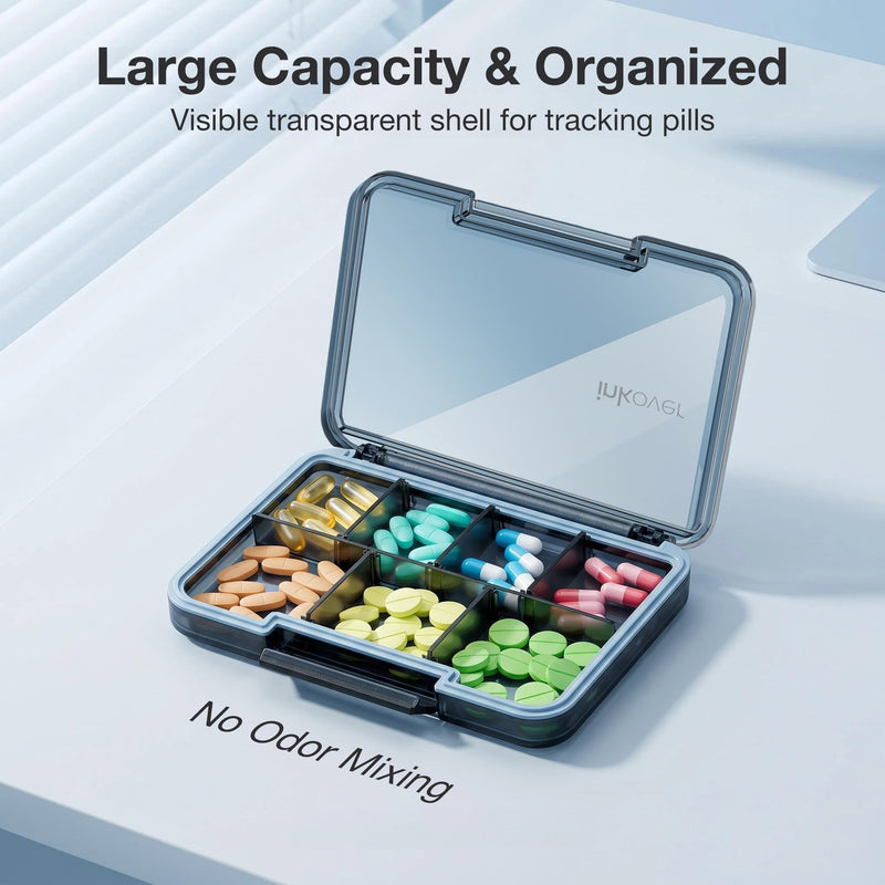 Small Pill Organizer Ultra Thin, QUARDINE Removable Divider Purse Pill Case with Moistureproof Silicone Seal, 7 Compartments Portable Travel Pill Box for Vitamins, Supplements, Fish Oil (Blue) Blue