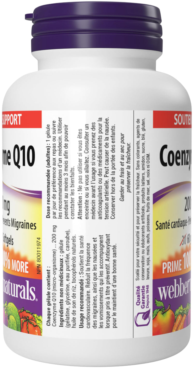 Webber Naturals CoQ10 200mg, Coenzyme Q10 Supplement, 60 Softgels | High Potency Co Q10 Antioxidant Supplement for Heart Health & Cellular Energy Production, 60 Day Supply, Gluten Free