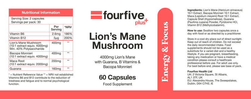 fourfive Lions Mane Mushroom Supplement (4000mg) Energy & Focus Blend, Support Brain Function, Focus & Energy - 60 Capsules 60 Capsules (Pack of 1)