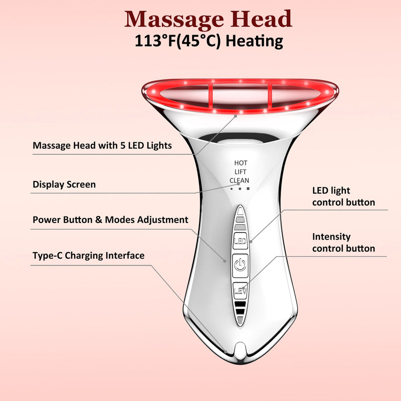 5-in-1 Red Light for Face and Neck，Face Neck Massager for Skin Care, Water Resistant Facial Sculptor Wand White-silver