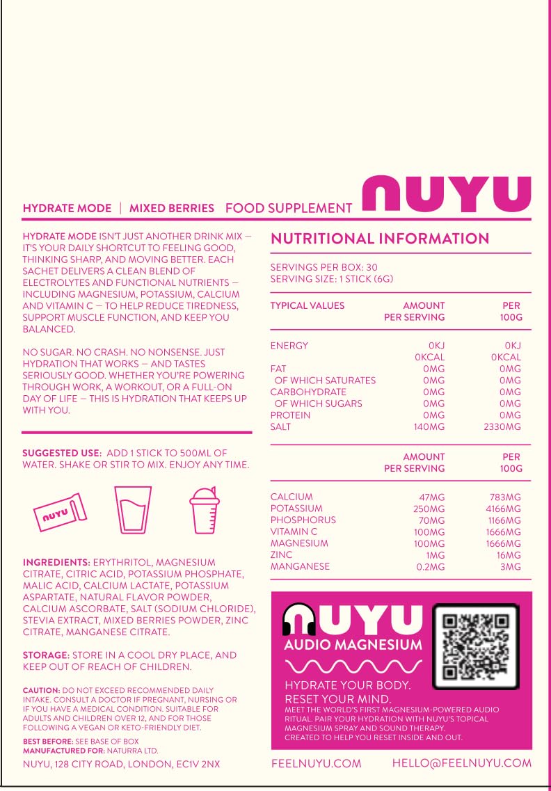 NUYU Hydrate Mode Electrolyte Powder | Mixed Berry 30 Sachets | Zero Sugar Hydration Drink with Vitamin C Magnesium Zinc | Daily Energy Hydration Vegan UK Made