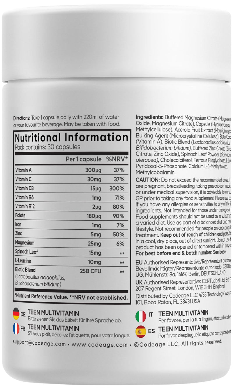 Codeage Teen Multivitamin Supplement - Vitamins A, C, D3, B6, B12, Folate, Zinc, Magnesium, Iron, 25B CFU Biotic Blend, Spinach - Multivitamins for Teenage Boys & Girls Age 13+, Non-GMO - 30 Capsules