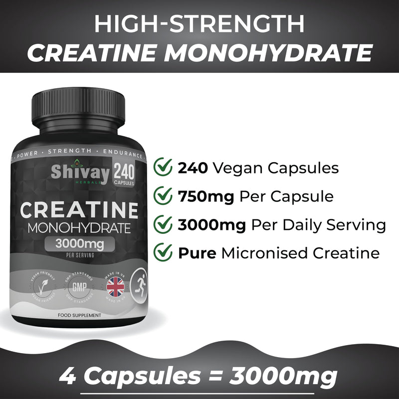 Creatine Monohydrate 240 Vegan Capsules – 3000mg per Serving | High Strength Pure Micronised Creatine | Muscle Strength, Power & Endurance - Made in UK by Shivay Herbals 240 Capsules