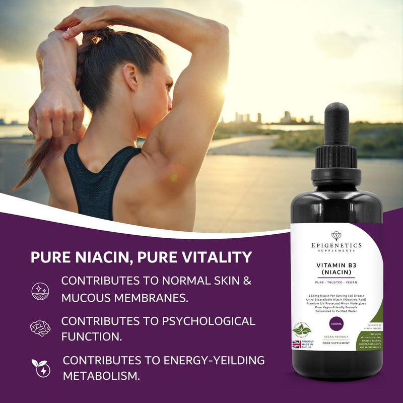 Vitamin B3 Niacin 100ml Liquid Supplements | 100% Pure & Natural Niacin 12.5mg | UK Made & Vegan Friendly | 4 Months Supply | UV Protected Miron Violet Glass | 10 Drops Daily