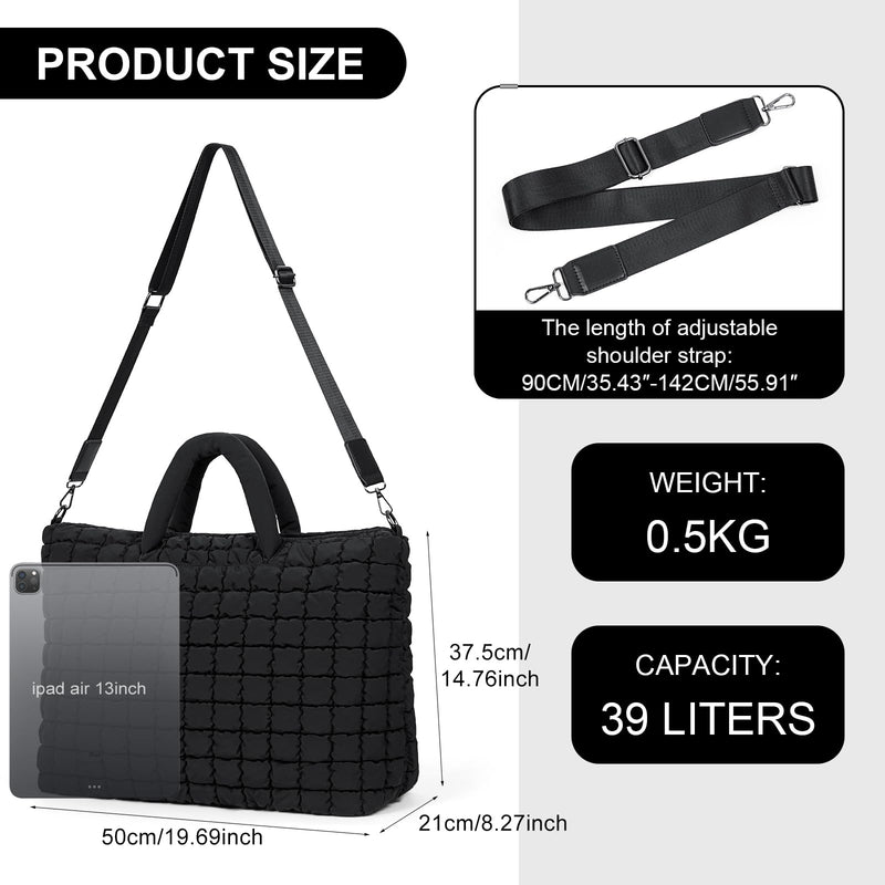 Quilted Duffle Bag for Travel, Large Puffer Duffel Weekender Bags Soft Gym Tote, Big Puffy Carry on Luggage Overnight Black