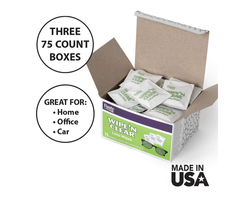 [Australia] - Flents Eyeglass Cleaner Lens Wipes - 225 Count (3 Boxes of 75) Individually Wrapped Pre-Moistened Cleaning Cloths Anti-Streak for Eyeglasses, Sunglasses, Phone Screens, Computer Monitors 