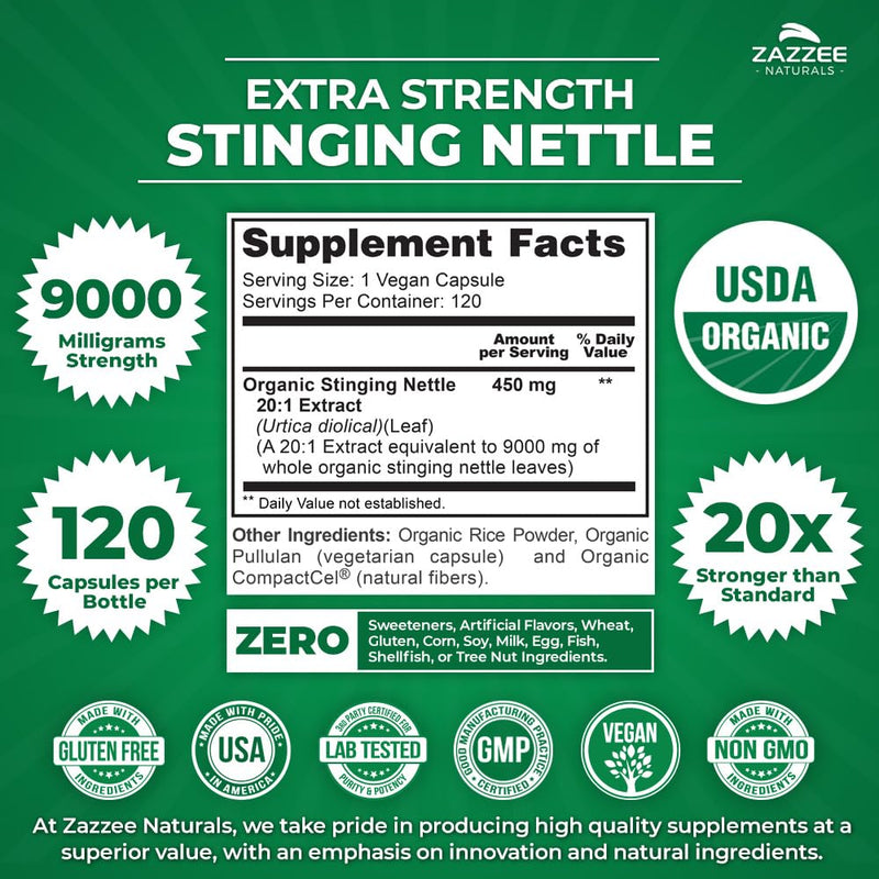 [Australia] - Zazzee USDA Organic Stinging Nettle 20:1 Extract, 9000 mg Strength, 120 Vegan Capsules, 4 Month Supply, Concentrated, Standardized 20X Extract, Certified Organic, 100% Vegetarian, All-Natural, Non-GMO 