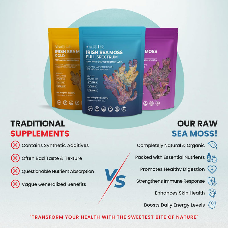 Full Spectrum Seamoss Raw Organic Makes 160oz of Gel - 100% Wild Crafted from St. Lucia |Non-GMO Sun-Dried Mineral Rich Super Food for Energy| Booster Healthy, Immunity Digestion (8oz) 8 Ounce Full Spectrum