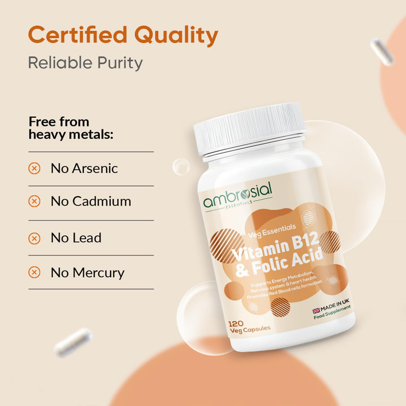 Ambrosial Vitamin B12 1000 mcg (Cyanocobalamin) & Folic Acid Tablets 500 mcg – Dual Formula in One Capsule – B12 Supplement for Women & Men –Vegan, GMP Certified – 120 Capsules (4 Months Supply)