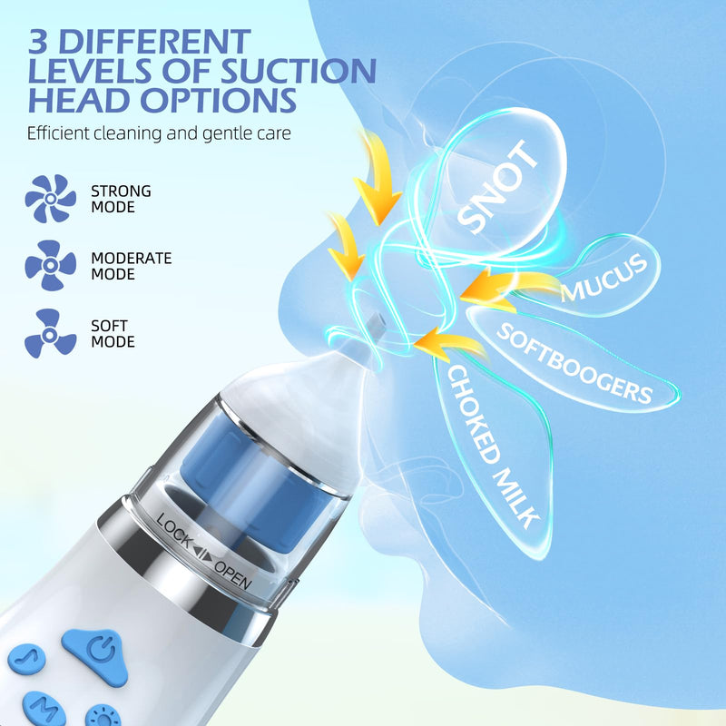 [Australia] - Nasal Aspirator for Baby with Light and Music, Electric Babies Nose Sucker with 3 Soft Silicone Tips, 5 Levels Suction Adjustment Nose Cleaner for Kids Girl Boy Adult Pets 