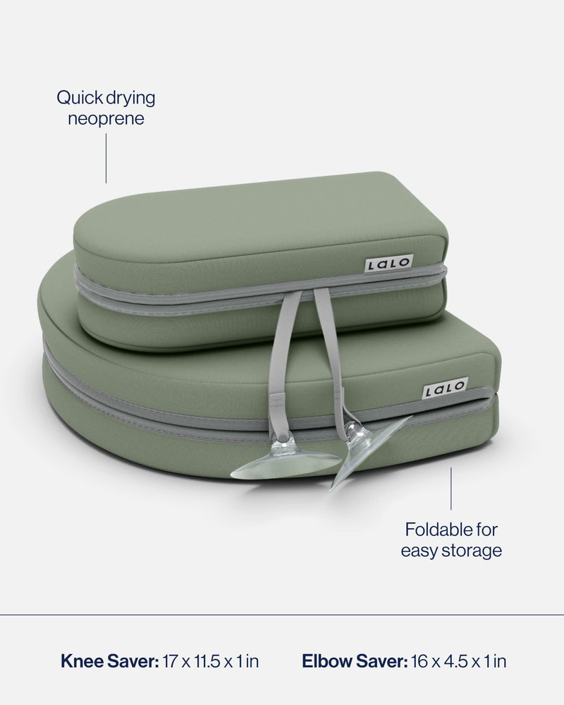 [Australia] - Lalo Knee & Elbow Saver - Foldable Padded Cushions for Bathtime Relief, Quick-Dry, Suction Cups for Stability, Bath Kneeler and Elbow Rest Pad Set 17 x 11.5 in Knee Pad & 16 x 4.5 in Elbow Pad - Sage 