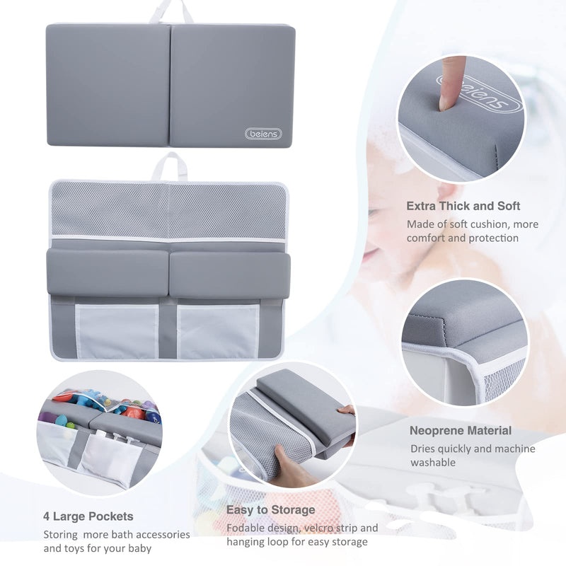 [Australia] - beiens Bath Kneeler and Elbow Rest Pad Set - 1.5'' Comfortable Baby Bath Kneeler Pads, Thick Quick Dry Kneeling Pad Support for Knee& Arm, Large Bathtub Mat with Toy Organizer for Happy Baby Bath Time Grey 