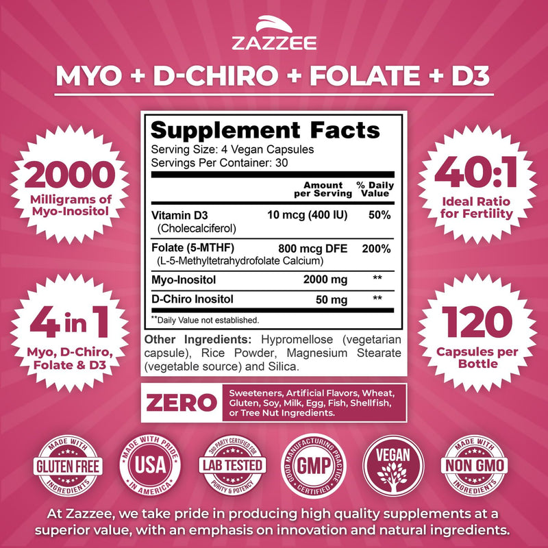 Zazzee Myo & D-Chiro Inositol Ideal 40:1 Ratio with Vitamin D3 & Folate | 120 Vegan Capsules, Hormonal Balance & Cycle Support for Women, Women’s Health Supplement, Non-GMO, Made in the USA 120 Count (Pack of 1)