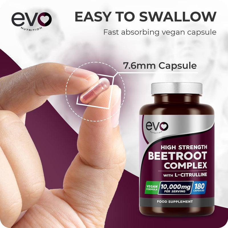 Beetroot Complex & L-Citrulline 10,000mg | 180 Capsules | High Strength | Nitric Oxide Booster to Support Circulation for Energy & Daily Wellness | Vegan, Non-GMO, UK Made, 3 Months | EVO NUTRITION