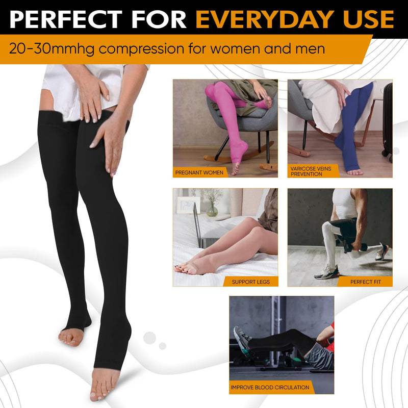 [Australia] - Doc Miller Thigh High Compression Socks - Open Toe, 20-30mmHg for Varicose Veins, Calf, Leg & Ankle Support, Pregnancy & Maternity Stockings, Small to Plus Size Large (1 Pair) Black 