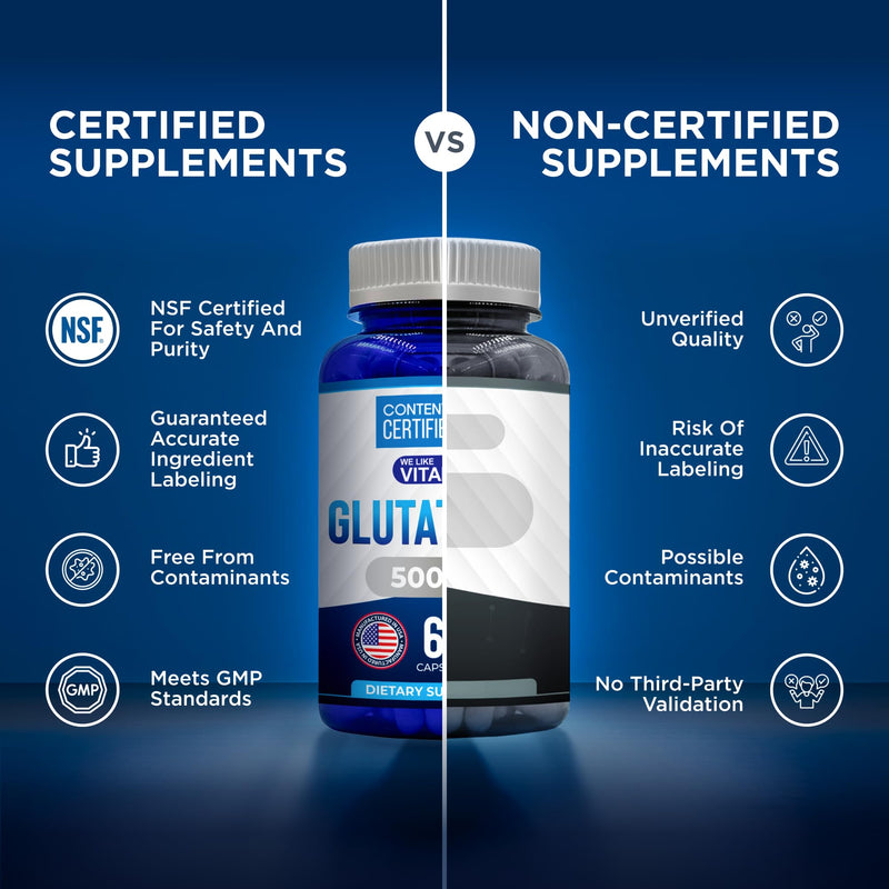 NSF Certified Glutathione Supplement 500mg - 60 Reduced L Glutathione Caps | L-Glutathione Supplement For Antioxidant & Immune Support - 500mg Per Serving - 30 Day Supply, 2 Capsules A Day 60 Count (Pack of 1)