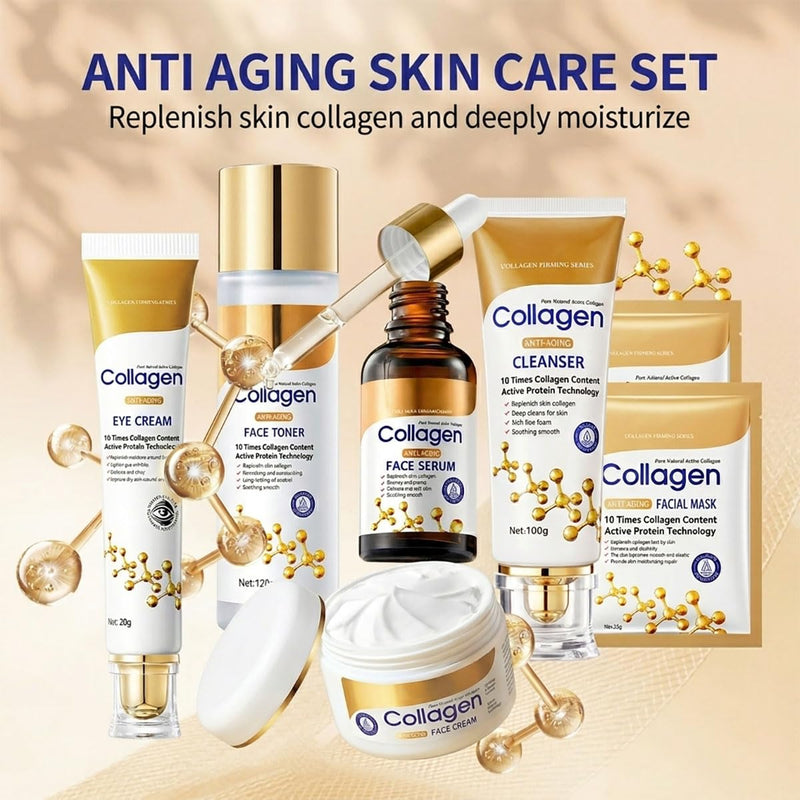 Collagen Anti-Aging Skincare Set, 7 Piece Kit with Cleanser, Toner, Serum, Face Cream, Eye Cream, Facial Mask, Firming and Moisturizing