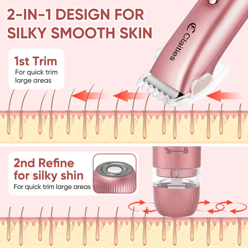 2 in 1 Women Electric Shaver Dual Head Bikini Trimmer for Women IPX7 Waterproof Wet & Dry Use Body Hair Trimmer and Facial Hair Remover for Bikini Underarm Leg Arm Body Face（Rose Gold）