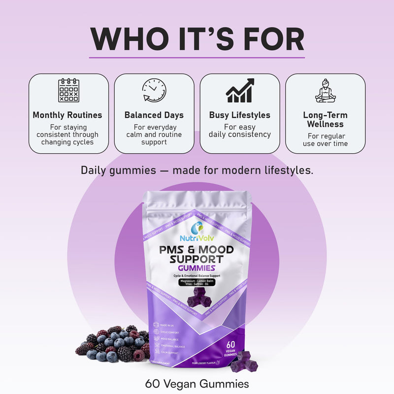 PMS & Mood Support Gummies | 60 Vegan Gummies | Magnesium Citrate, Lemon Balm, Vitex, Saffron & P-5-P B6 | Cycle, Mood & Hormone Balance Support | Purpleberry Flavour | UK Made | by NutriVolv