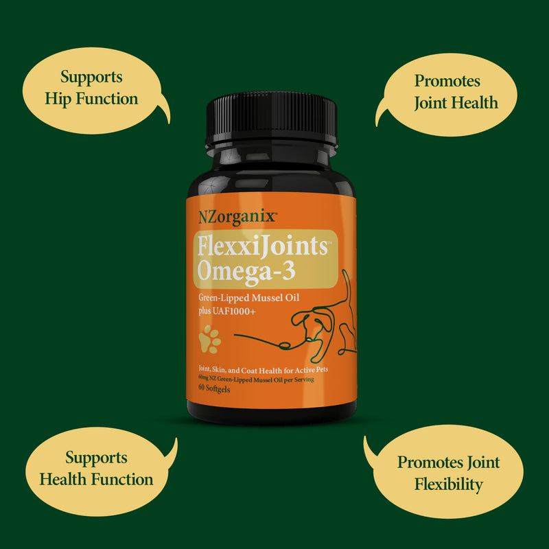FlexxiJoints Omega-3 Hip and Joint Supplement • Green-Lipped Mussel Omega-3 Oil for Dogs • 100% New Zealand Green-Lipped Mussels (60 Softgels) - PawsPlanet Australia