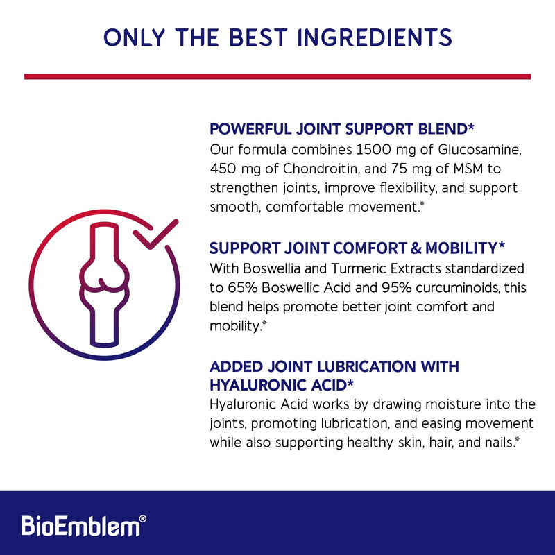 BioEmblem Glucosamine Chondroitin MSM Sulfate 1500mg, 90 Capsules | Joint Support Supplement with Boswellia, Turmeric & Hyaluronic Acid - For Mobility, Flexibility & Cartilage Health, Non-GMO