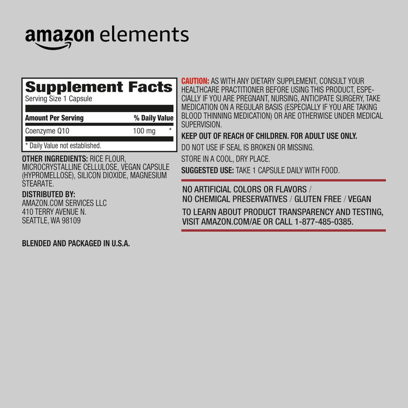[Australia] - Amazon Elements Vegan CoQ10 100 mg - Normal Energy Production, Supports Cardiovascular Health - 2 Month Supply (60 Capsules) 60 Count (Pack of 1) 