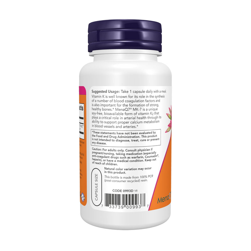 NOW Foods Supplements, MK-7 Vitamin K-2 100 mcg, Cardiovascular Support*, Supports Bone Health*, 120 Veg Capsules 120 Count (Pack of 1)