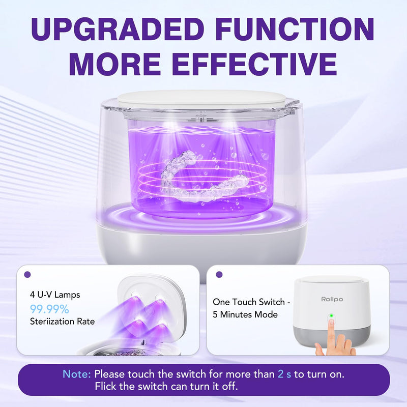 [Australia] - Ultrasonic Retainer Cleaner 320ML, 45kHz Denture Cleaner with 4 Lamps, Dental Cleaning Pod for Mouth Guard, Aligner, Braces, Toothbrush Head, Jewelry Cloud White 