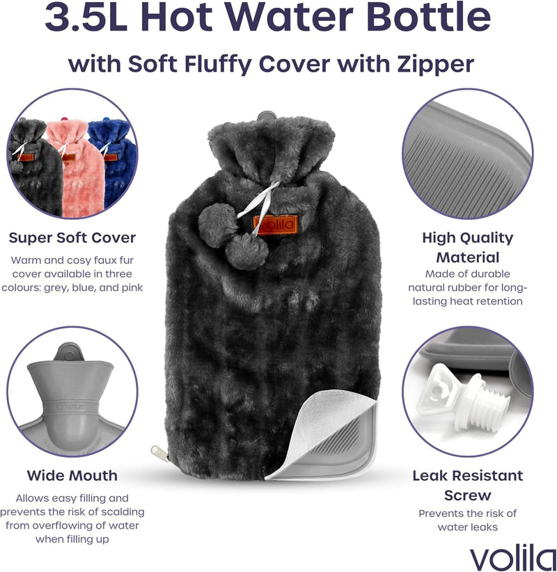 [Australia] - 3.5L Hot Water Bottle with Zipper and Handbag - Gray Hot Water Bottle XXL with Faux Fur Cover for Pain Relief - Washable Hot Water Bottle for Hot and Cold Compresses Gray Huggable - 3.5L 
