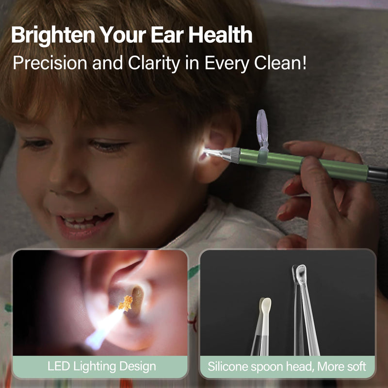 [Australia] - 15 Pack Ear Wax Removal Tool Kit with Light - LED Ear Cleaning Kit, Ear Wax Removal for Kids and Adults, Ear Cleaning Tool, Ear Picker Spoon & Ear Tweezers & Spiral Spring Ear Spoon Green 