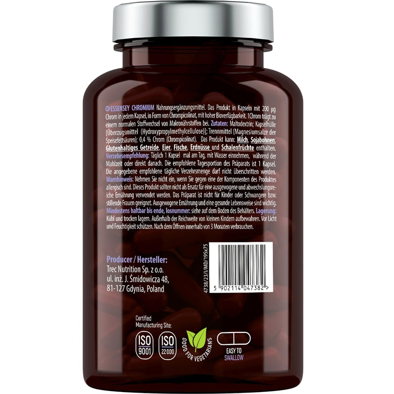 [Australia] - ESSENSEY - Chromium picolinate I Chromium 200 µg I 90 capsules I High bioavailability I For vegetarians I 120 daily doses I Cellulose capsule 
