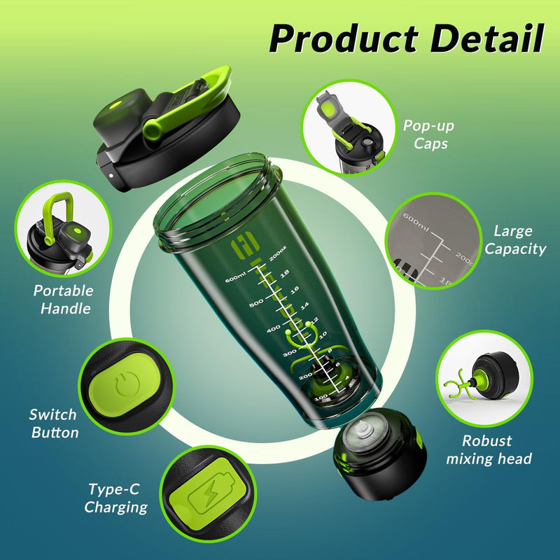 [Australia] - HeaDot Electric Protein Shaker Bottle Shaker Cup for Protein Shakes and Meal Replacement Shakes 680ml Rechargeable Type C Blender Bottles Made of Tritan BPA Free Dark Green 