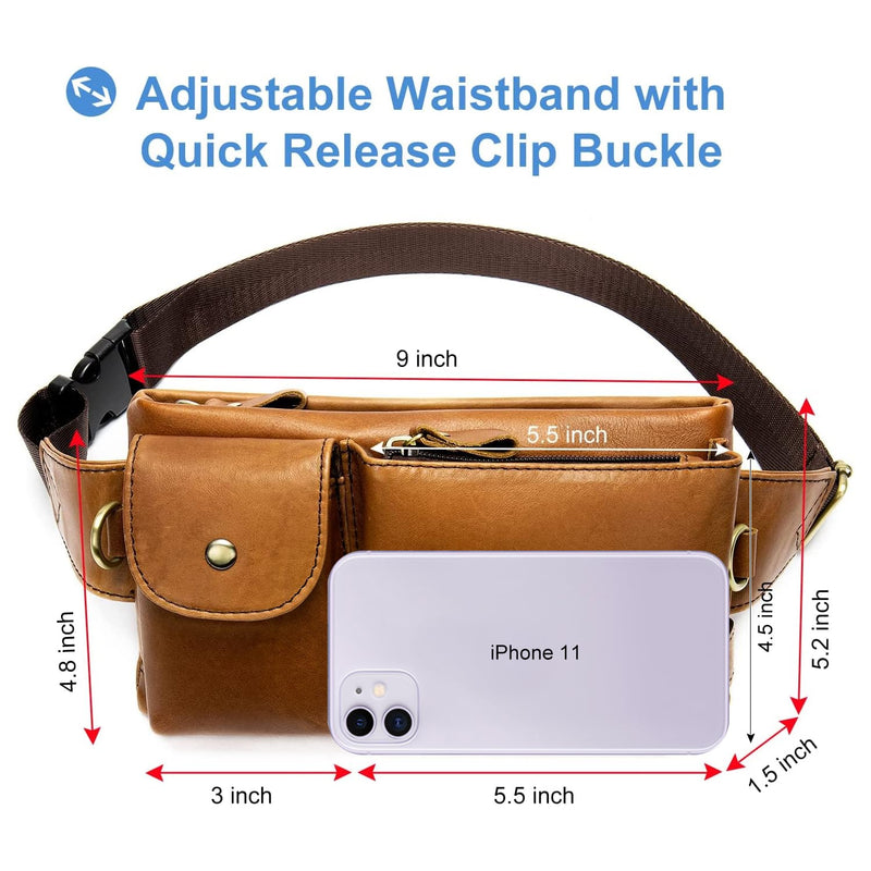 Genuine Leather Fanny Pack for Men Women Small Waist Purse Travel | Brown Sling Cross Body Waist Bag, Lightweight Belt Bag for Walking Hiking, Adjustable Strap, Mulit-pockets