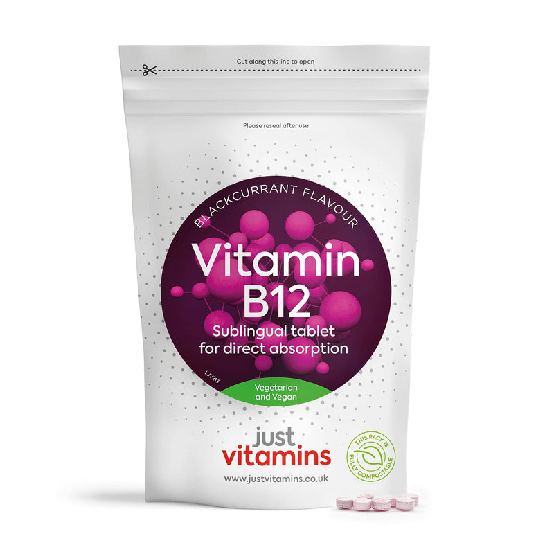 Vitamin B12 High Strength 1000mcg | 180 Vegan Tablets | Supports Energy, Metabolism & Reduces Fatigue | Blackcurrant Flavoured Sublingual Tablets | UK Made - Just Vitamins