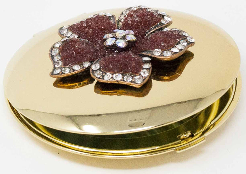 Stephanie Imports Gold Stoned Flower Round Folding Compact Pocket Makeup Mirror Double Sided (5X Magnification + 1x Magnification) in Gift Box