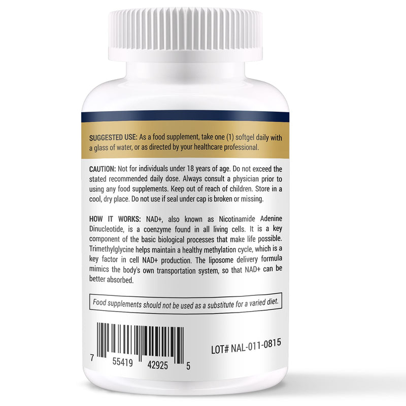 Liposomal NAD+ 500mg with TMG 250mg Softgels, Actual NAD+ Supplement for Cellular Repair & Energy Metabolism (60 Count (Pack of 1)) 60 count (Pack of 1)