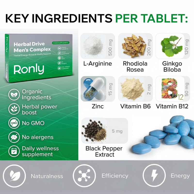 RONLY Herbal Drive 100mg – 30 Tablets for Men | Strong Effect Herbal Supplement | Maca, Tribulus & Rhodiola Formula | Energy, Stamina & Enhanced Vitality Support | Advanced Men’s Complex | UK Made 30 count (Pack of 1)